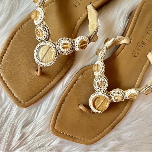 WHBM Capri Nude Cream Beaded Leather Boho Thong Sandals - Picture 2 of 7